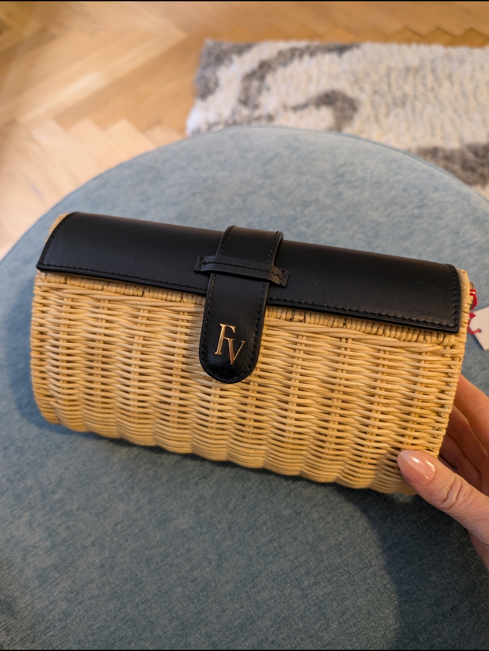Frances Valentine Betsy Black Leather & Natural Wicker Crossbody/Clutch, $298